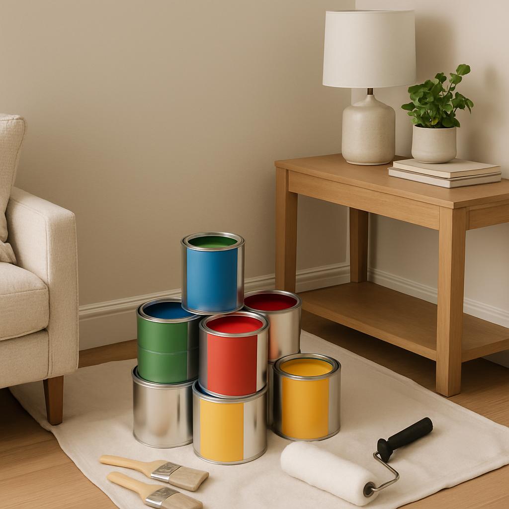 Paint cans stack, paint rollers, and paintbrushes on white cloth. [("stacked paint cans, paint rollers, paintbrushes on wh...