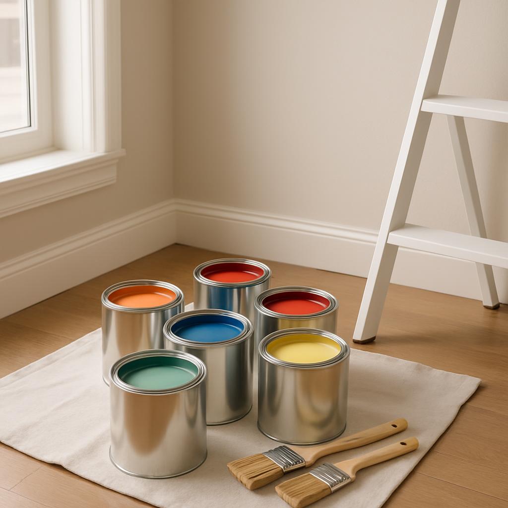 Unlabeled and unidentified cans of paint in various colors, two paintbrushes on fabric mat, empty line ladder, hardwood or...