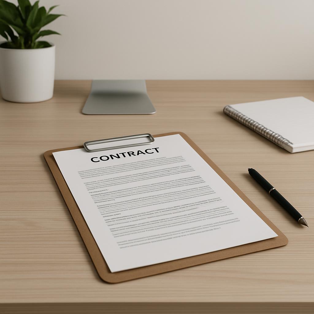 An unsigned contract on a wooden desk with a pen, notebook, and plant.