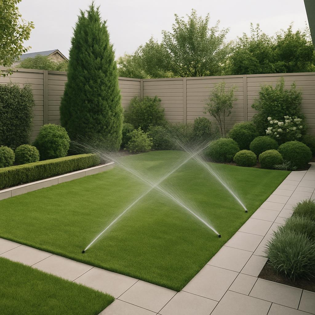A garden with a central greenhouse, a tree-lined path, and a large tree in the background.