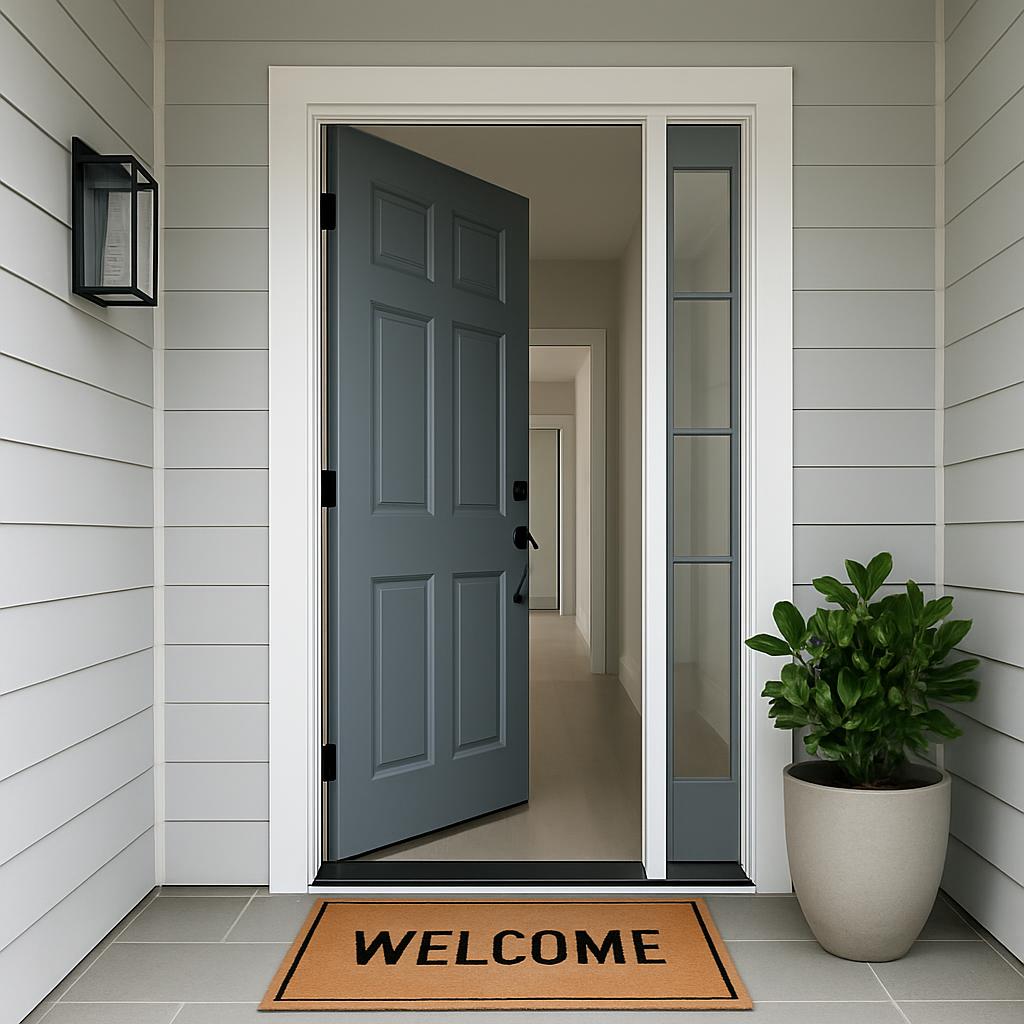 Welcome to a clean and bright porch with a door and window.
