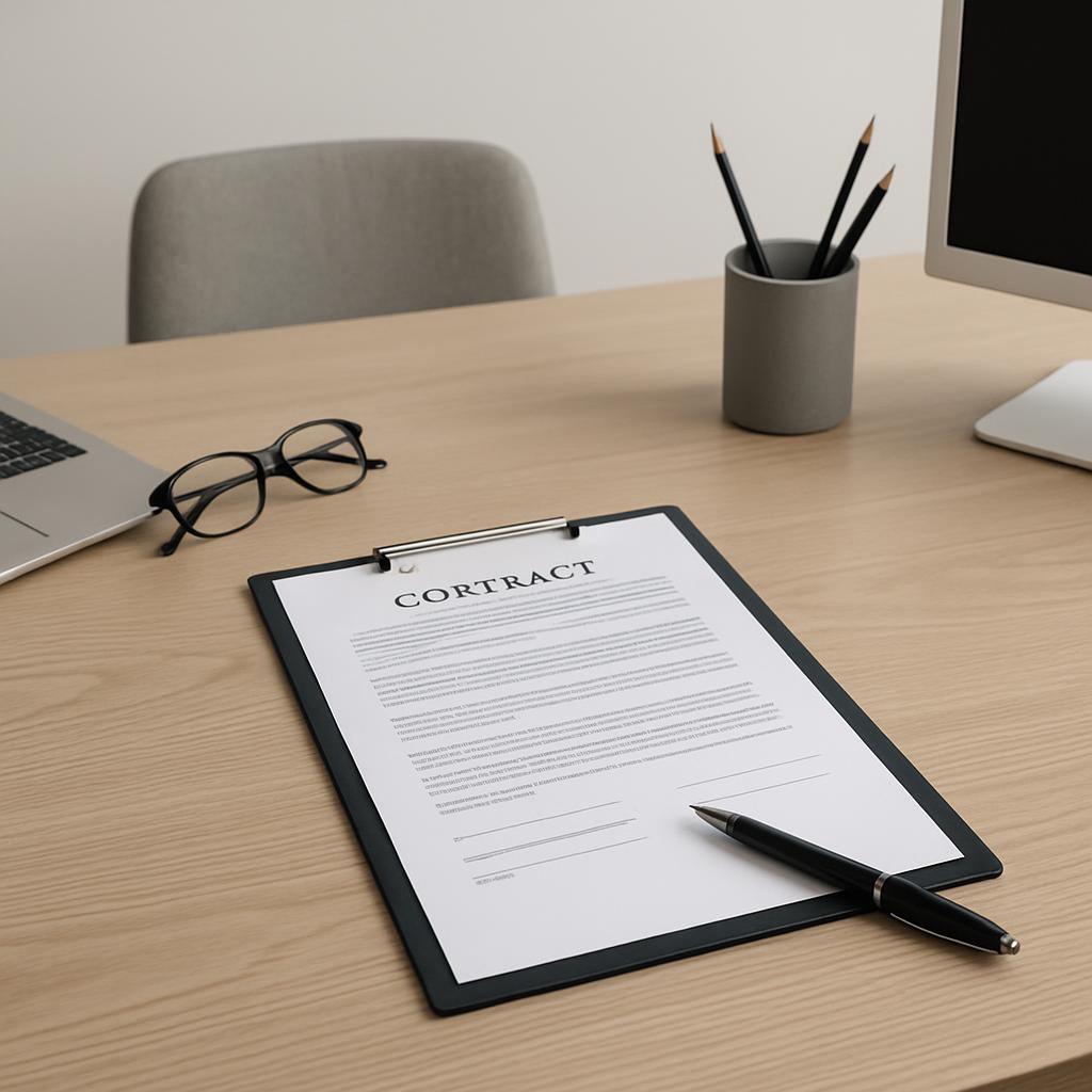 A desk with a contract on it.