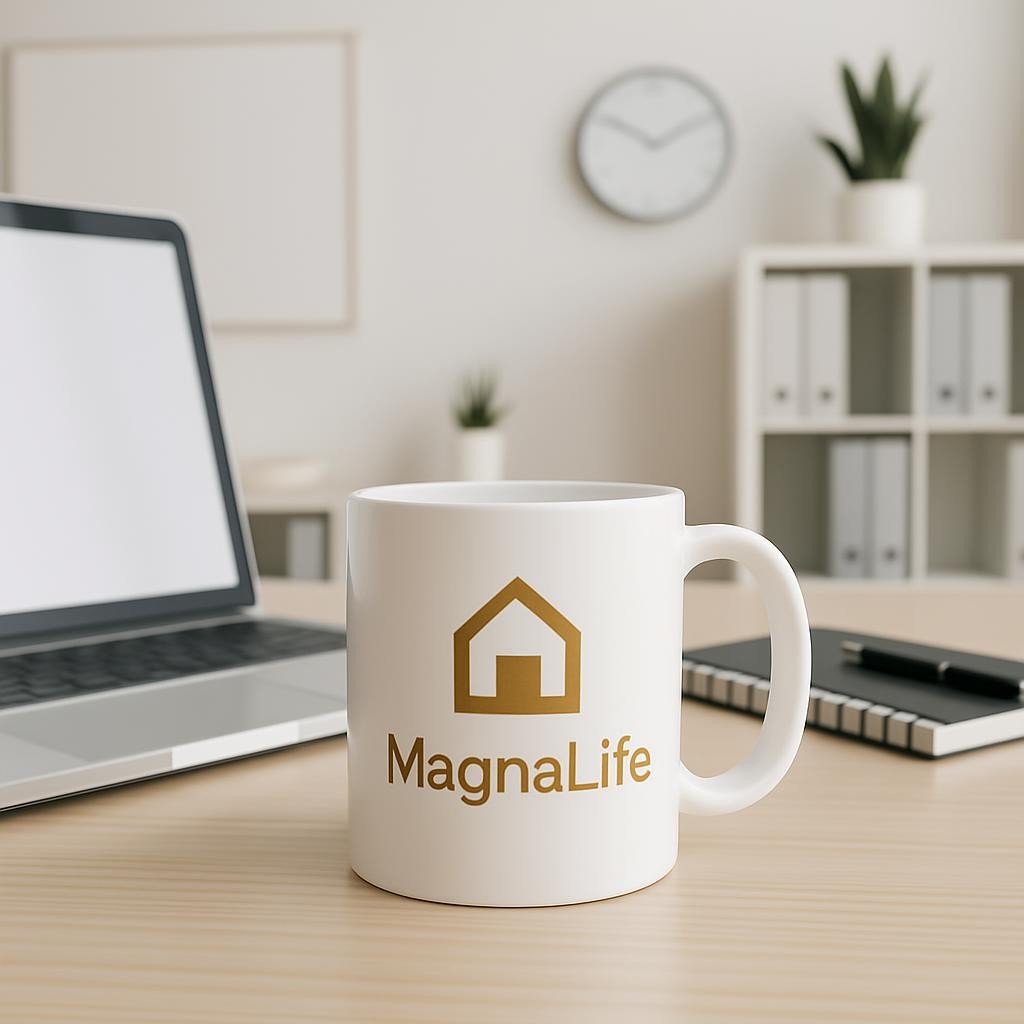A cup with a gold house-shaped logo and the name 'MagnaLife' on it